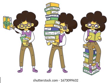 Character Set Literary fan. Asian nerd boy in glasses with books in his hands. Buying books, promotion, sale. Bookworm. International Children's Book Day. Student's day. Isolated vector illustration.