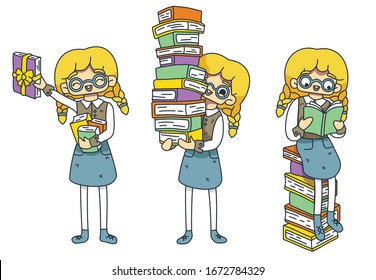 Character Set Literary fan. European girl nerd in glasses reads books. Book promotion, bookstore sale. The fourth book as a gift. International Children's Book Day. Student's day. Isolated vector.