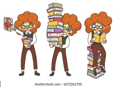 Character Set Literary fan. Red-haired nerd boy in glasses with a stack of books. Book as a gift. Book sale, stock. International Children's Book Day. Student's day. Isolated vector illustration.