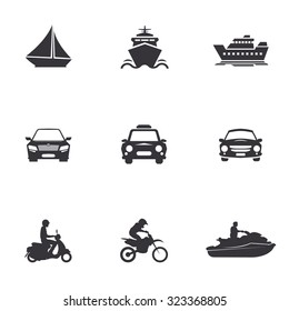 character set of logos of transportation, merchant ships, car, scooter, jet ski, water bike, motorcycle, motocross bikes, cross,sailboat, yacht
