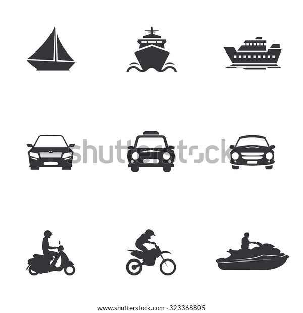 character set of logos of transportation, merchant\
ships, car, scooter, jet ski, water bike, motorcycle, motocross\
bikes, cross,sailboat,\
yacht