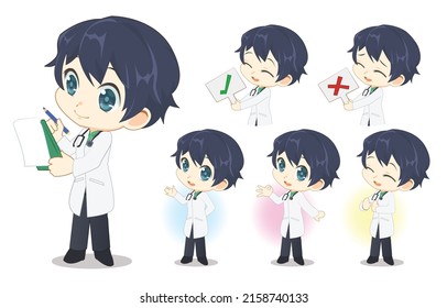 character set of male Doctor in uniform with various gesture of working in cartoon style for graphic designer, vector illustration