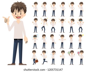 It is a character set of a man. There are basic emotional expression and pose. It's vector art so it's easy to edit.