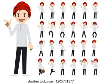 It is a character set of a man. There are basic emotional expression and pose. It's vector art so it's easy to edit.