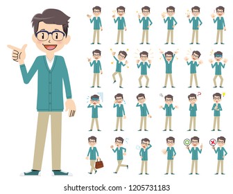 It is a character set of a man. There are basic emotional expression and pose. It's vector art so it's easy to edit.