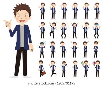 It is a character set of a man. There are basic emotional expression and pose. It's vector art so it's easy to edit.
