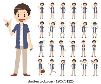 It is a character set of a man. There are basic emotional expression and pose. It's vector art so it's easy to edit.