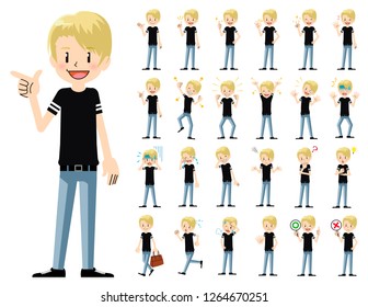 It is a character set of a man. There are basic emotional expression and pose. It's vector art so it's easy to edit.