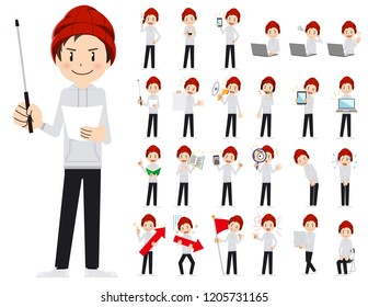 It is a character set of a man. There are gestures and poses mainly explained. It's vector art so it's easy to edit.