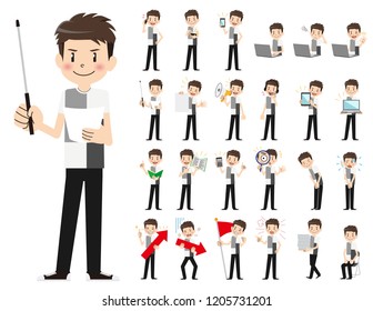 It is a character set of a man. There are gestures and poses mainly explained. It's vector art so it's easy to edit.