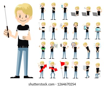 It is a character set of a man. There are gestures and poses mainly explained. It's vector art so it's easy to edit.