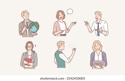 conjunto de personagens de homem e mulher professor, tutor e educador. Ilustrações de design de vetor de estilo desenhado à mão.