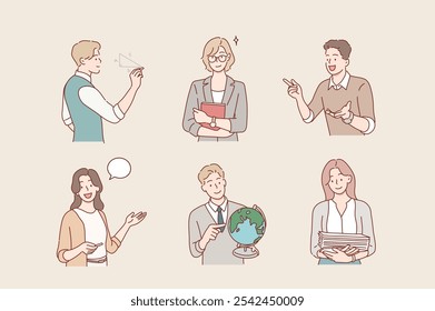 conjunto de personagens de homem e mulher professor, tutor e educador. Ilustrações de design de vetor de estilo desenhado à mão.