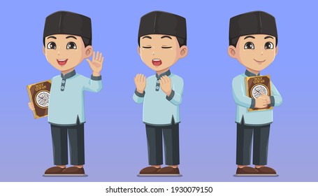 Juego de personajes niño musulmán sosteniendo el sagrado Corán y rezando