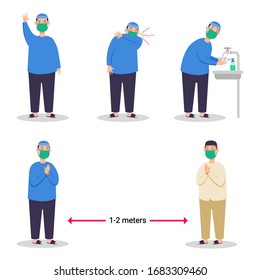 Character set of moslem boy preventing from flu spread by apply healthy lifestyle.