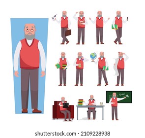 Character set of old male college professor. Teaching, presenting, with instruments. Old male college teacher in. College professor in a sweater.