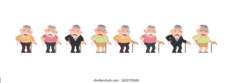 Character set of Old men or Grandfather, Older seniors retired are standing sore and touching her back at pain spine area, experiencing backache of hard work, An elderly cartoon design vector