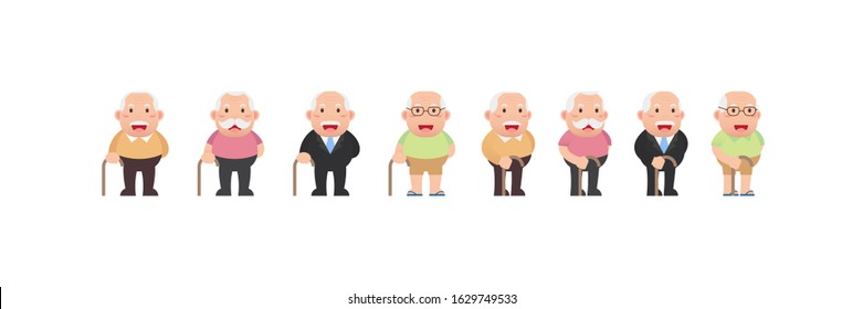 Character set of Old men, Older seniors retired are standing and Happy smiling, An elderly man cartoon design in 4 Different flat style Vector illustration