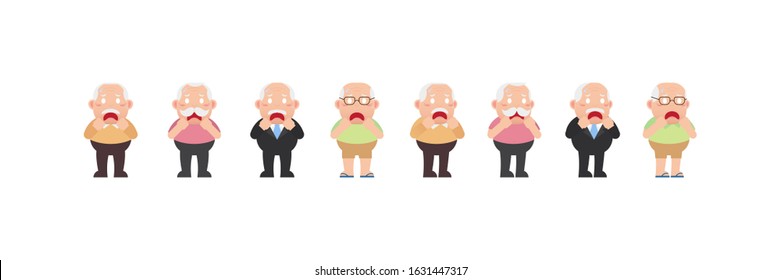 Conjunto de personagens de homens velhos, idosos aposentados são de pé e expressão chocada ou surpreso, cobrindo sua boca com as mãos, Um design de desenho animado homem idoso em 4 estilo plano diferente Vetor