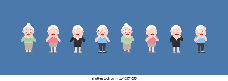 Character set of Old woman or Grandmother, Older seniors retired are Shocked expression or surprised with covering his mouth, An elderly woman cartoon design in 4 Different flat style Vector