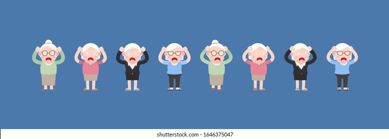 Character set of Old woman or Grandmother, Older seniors retired are Shocked expression or surprised with holding hands on head, An elderly woman cartoon design in 4 Different flat style Vector