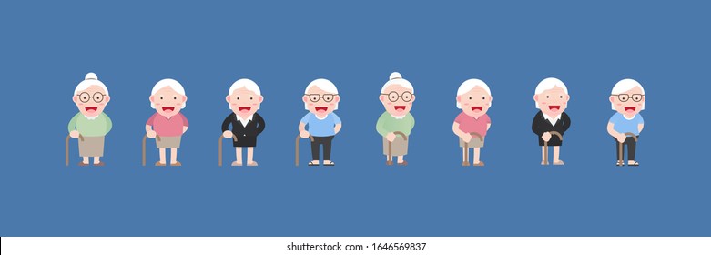 Character set of Old woman or Grandmother Concept, Older seniors retired are Happy smiling with a cane in her hands, An elderly woman cartoon design in 4 Different flat style Vector illustration