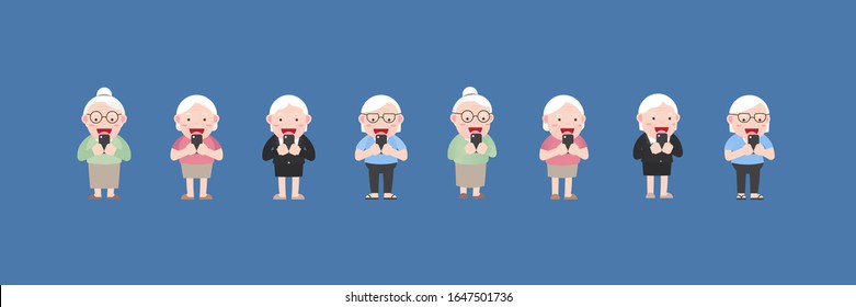 Character set of Old woman or Grandmother Concept, Older seniors retired are Happy Smiling holds a phone in her hand, An elderly woman cartoon design in 4 Different flat style Vector illustration