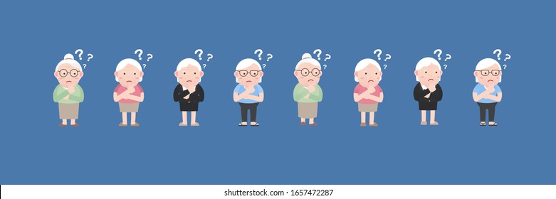 Character Set Of Old Woman Or Grandmother, Older Seniors Retired Are Thinking About Problem And A Finger Resting On The Chin, Surrounded By Question Mark, An Elderly Cartoon Design Vector Illustration