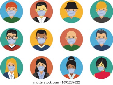 Character set. People wearing face masks,  protecting themselves from viruses, dust or air pollution, vector illustration
