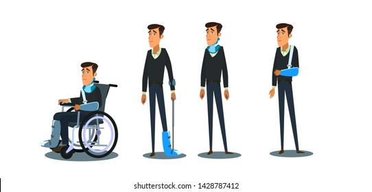 Character set of a person with injuries. Broken limbs. The consequences of the accident. Vector illustration in cartoon style,