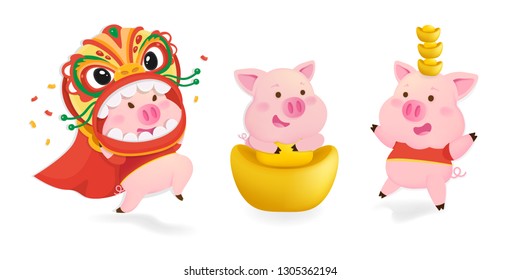 Character set of pigs. Pigs for Chinese new year. 