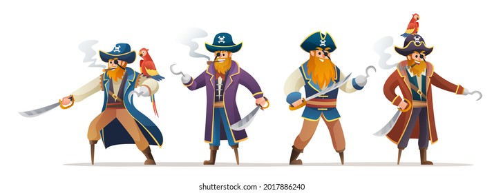 Character set of pirates holding sword with parrot