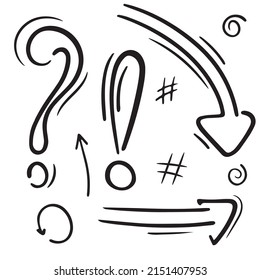 character set - question mark, exclamation mark, arrow, hashtag, vector isolated element in doodle style, black outline, white background, business doodles