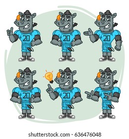 Character Set Rhino Football Player Shows and Points. Vector Illustration. Mascot Character.