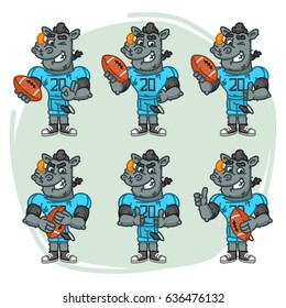 Character Set Rhino Football Player Holds Rectangular Ball. Vector Illustration. Mascot Character.