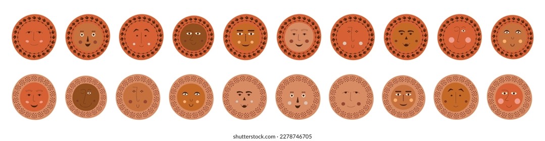 Character set, roundish abstract faces. Flat icons, various stickers, dude odd face. Abstract colorful design
