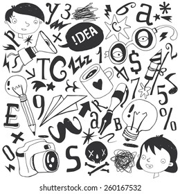 Character set, school, hobby, sketch, illustration, pencil drawing