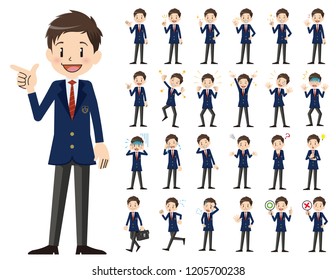 It is a character set of a schoolboy. There are basic emotional expression and pose. It's vector art so it's easy to edit.