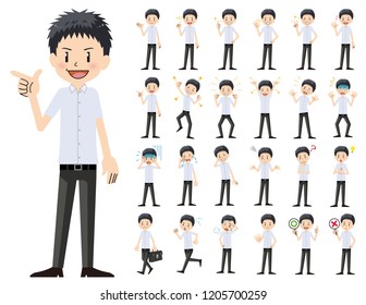 It is a character set of a schoolboy. There are basic emotional expression and pose. It's vector art so it's easy to edit.