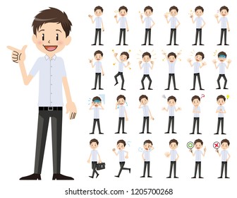 It is a character set of a schoolboy. There are basic emotional expression and pose. It's vector art so it's easy to edit.