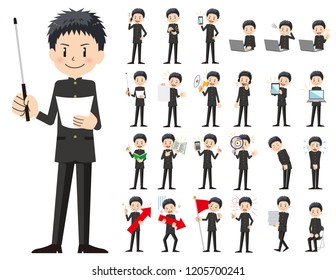 It is a character set of a schoolboy. There are gestures and poses mainly explained. It's vector art so it's easy to edit.