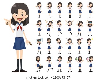 It is a character set of a schoolgirl. There are basic emotional expression and pose. It's vector art so it's easy to edit.