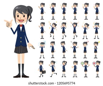 It is a character set of a schoolgirl. There are basic emotional expression and pose. It's vector art so it's easy to edit.