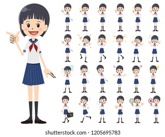 It is a character set of a schoolgirl. There are basic emotional expression and pose. It's vector art so it's easy to edit.