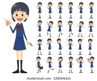 It is a character set of a schoolgirl. There are basic emotional expression and pose. It's vector art so it's easy to edit.