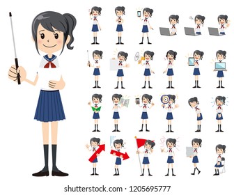 It is a character set of a schoolgirl. There are gestures and poses mainly explained. It's vector art so it's easy to edit.