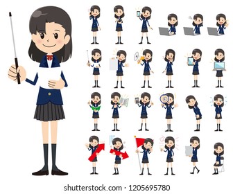 It is a character set of a schoolgirl. There are gestures and poses mainly explained. It's vector art so it's easy to edit.