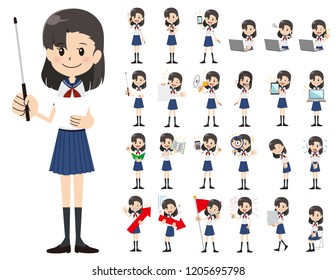 It is a character set of a schoolgirl. There are gestures and poses mainly explained. It's vector art so it's easy to edit.
