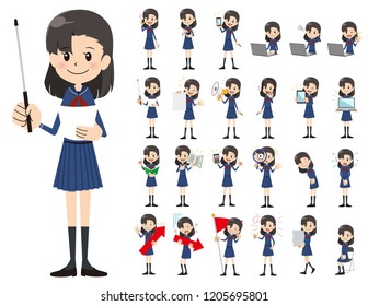 It is a character set of a schoolgirl. There are gestures and poses mainly explained. It's vector art so it's easy to edit.