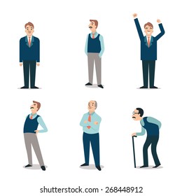 Character set of senior people, elderly, retired, old man with cane, backpain, happy. Simple and flat design.